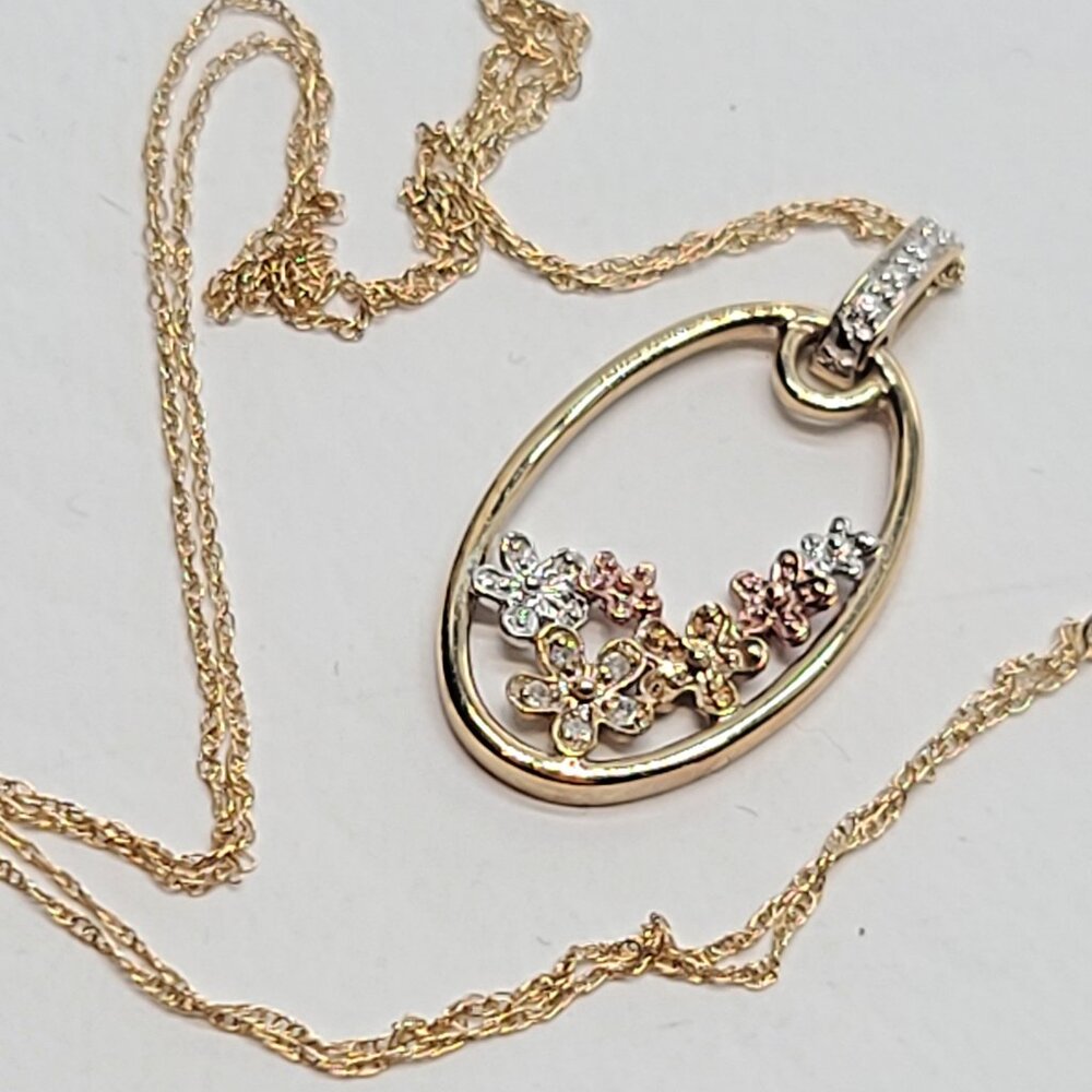 Solid 10K Tricolor Gold Hawaiian Plumeria Flower 18" Chain Necklace floral 2.22g